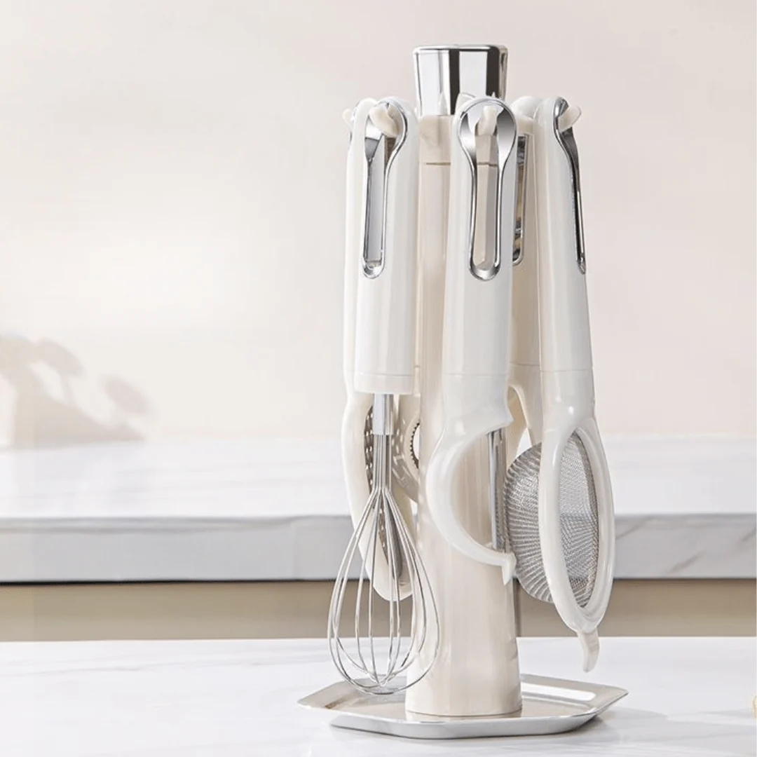 Multi-Functional 7-Piece Stainless Steel Kitchen Tools Set with Stand
