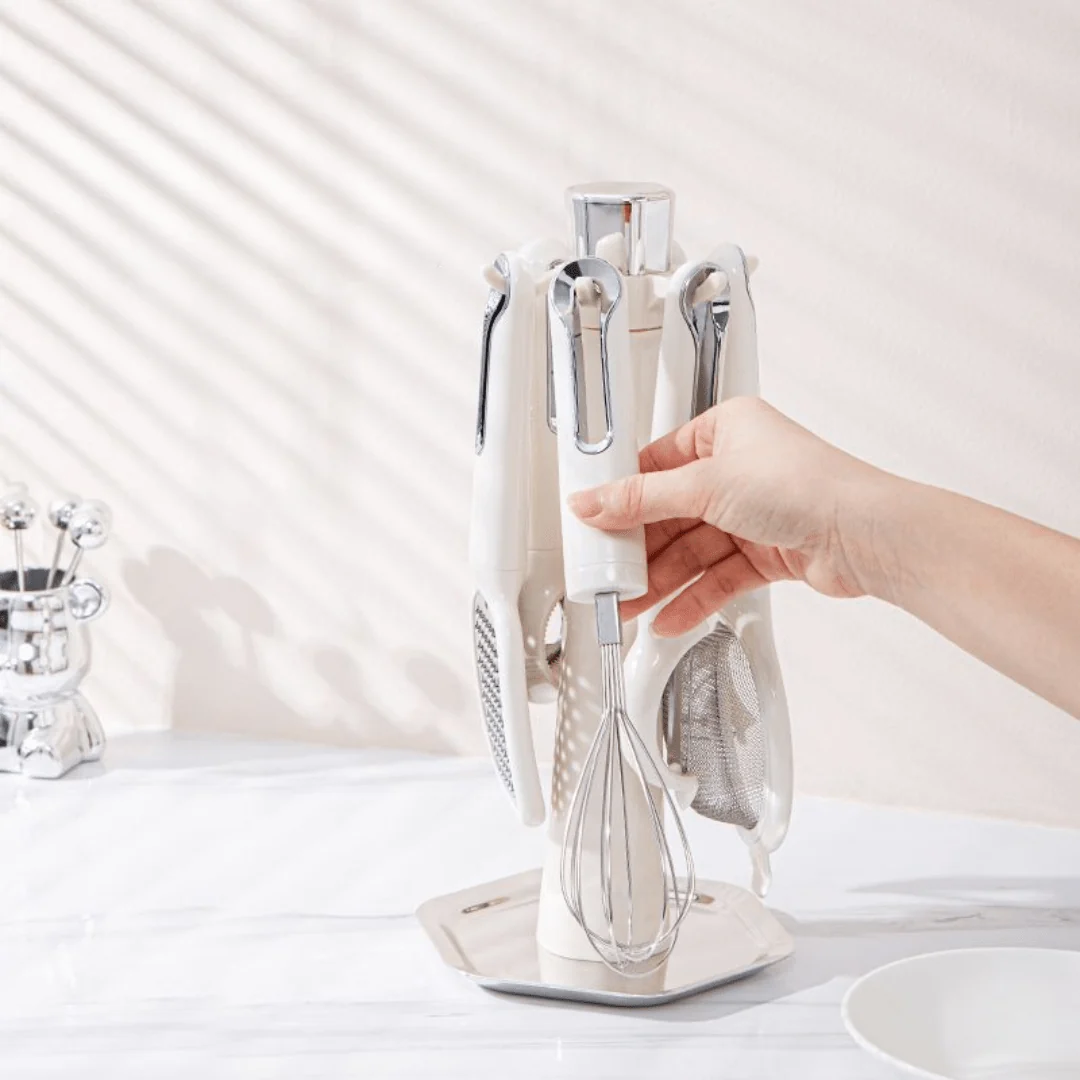 Multi-Functional 7-Piece Stainless Steel Kitchen Tools Set with Stand
