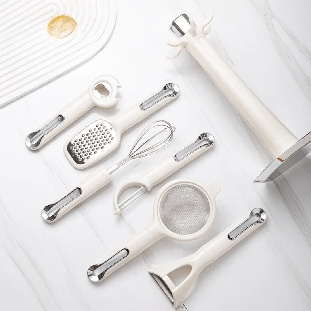 Multi-Functional 7-Piece Stainless Steel Kitchen Tools Set with Stand