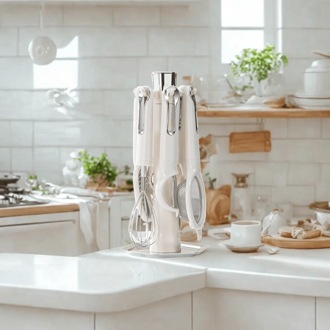 Multi-Functional 7-Piece Stainless Steel Kitchen Tools Set with Stand