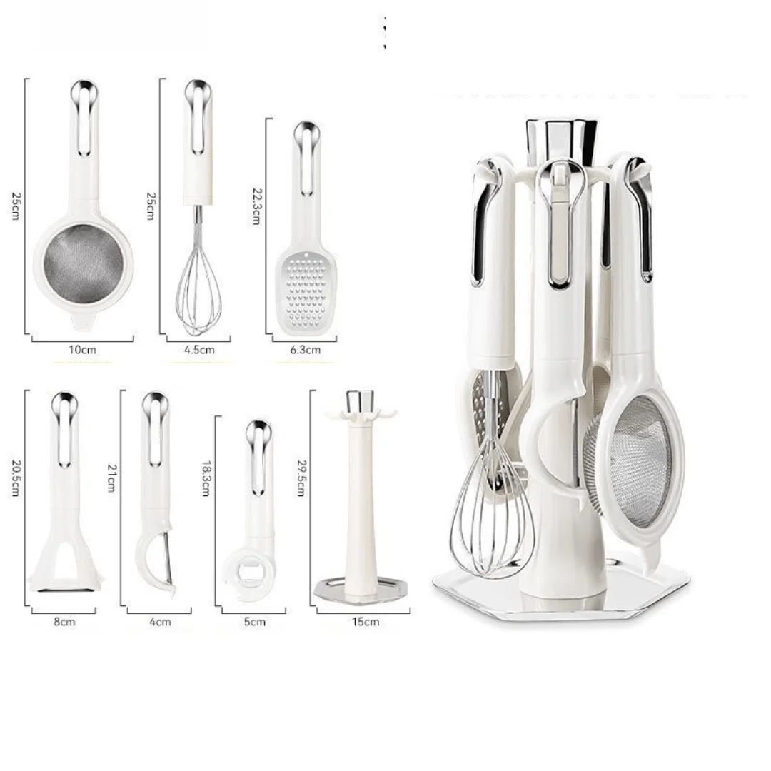 Multi-Functional 7-Piece Stainless Steel Kitchen Tools Set with Stand